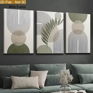 Artistic 3-Piece Bohemian Sage Green Geometric Wall Art Prints - Waterproof Glossy, Plant & Light-Themed Minimalist Abstract Triple Panels, 50s Landscape Posters with Wood Frame, Vertical Home Decor for Living Room, Kitchen