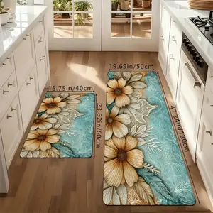 Vintage Boho Sunflower Kitchen Rug Set, Retro Floral Non-Slip Washable Floor Mats, Aesthetic Botanical Runner Rugs for Kitchen, Living Room & Home Decor