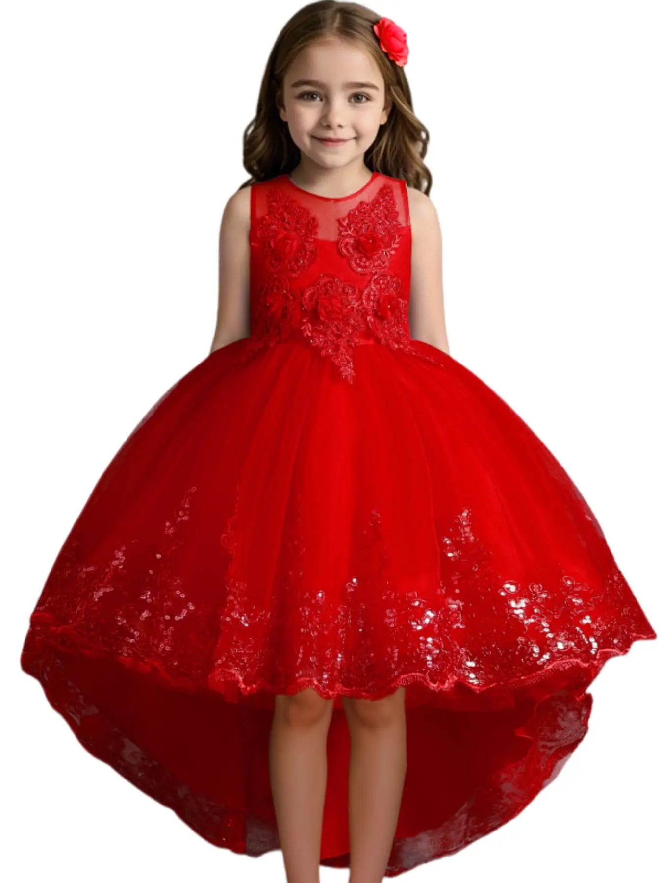 Girl's Floral Embroidery Contrast Sequin High Low Hem Zipper Back Tulle Dress, Elegant Sleeveless Round Neck Fit & Flare Dress for Party Performance W