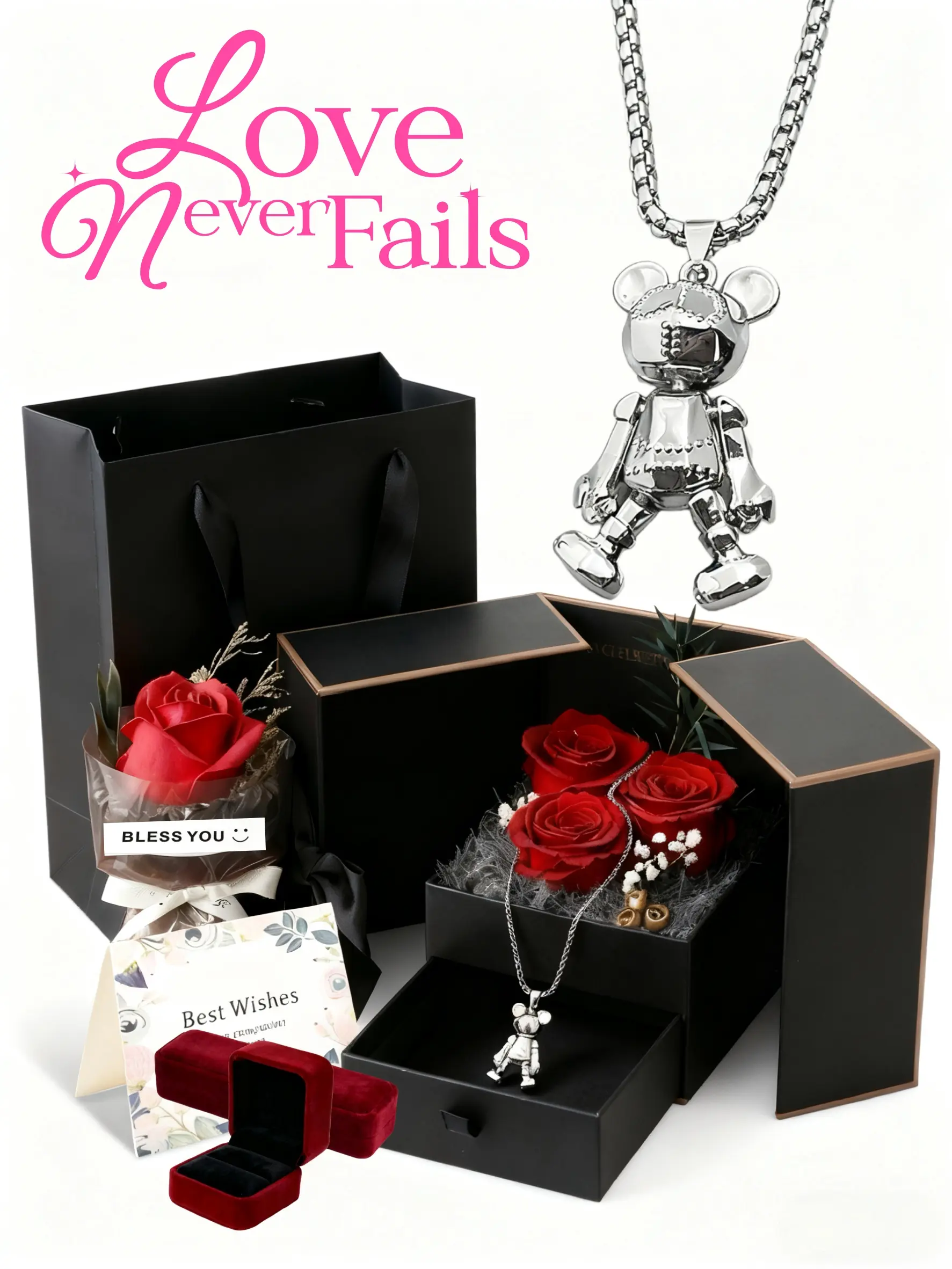 A set of black holiday gift boxes with magnetic double doors. Prepare a well-preserved rose box, a necklace, a bunch of roses, a proposal ring box, and a necklace jewelry box for her - romantic gifts for Valentine's Day, New Year's Day, birthdays,