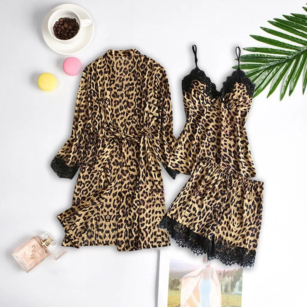Silk-like Satin Black Leopard Print Loungewear Set - Stylish Lace Trim Pajama Two-Piece Set Nightwear Womenswear lingerie mesh