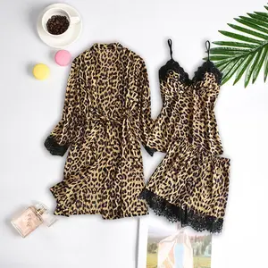 Silk-like Satin Black Leopard Print Loungewear Set - Stylish Lace Trim Pajama Two-Piece Set Nightwear Womenswear lingerie mesh