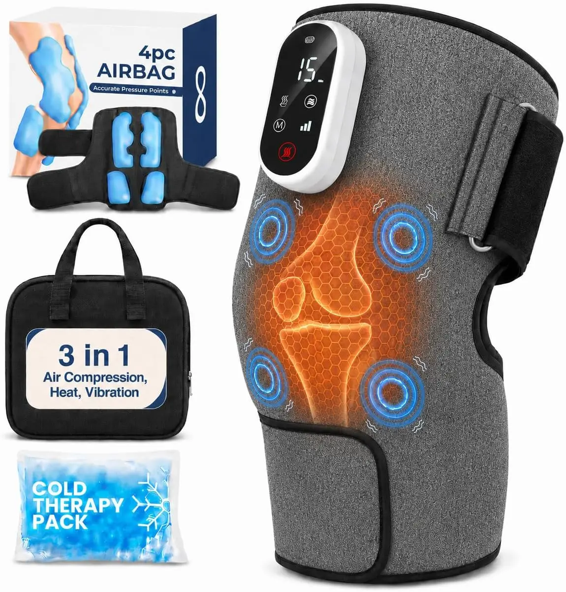 3-in-1 Air Compression Knee Massager with Heat and Vibration | Rechargeable Cordless Knee Wrap with Airbags,Vibration Modes, Smart LED Controller, Ice Pack & Carry Bag - Portable Knee Massager for Indoor & Outdoor Use