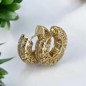 Medium Earrings Plated in 14k Gold 100% Hypoallergenic Jewelry 0011 with Unique Textured Design and Shiny Pavé Details for Luxury Elegance