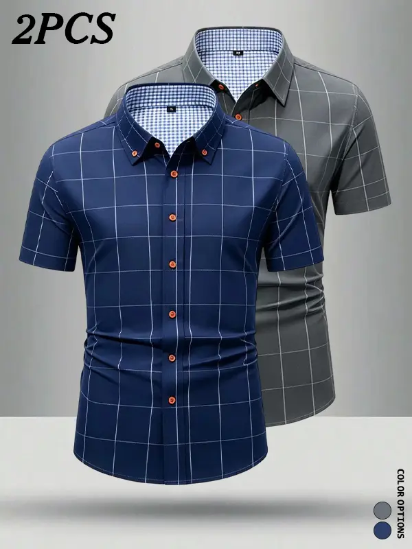 2-pack men’s plaid short-sleeve shirts for spring/summer—versatile everyday wear for office, casual, and vacation; dual styles with a soft, wrinkle-resistant feel; multi-piece set simplifies daily outfits.