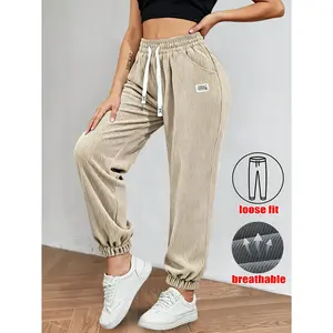 Women's Soft Solid Color Corduroy Pants, Elastic Waist with Adjustable Drawstring, Cuffed Ankle Casual Trousers, Comfortable Wear for Spring, Fall, Office and Daily Casual Outfits