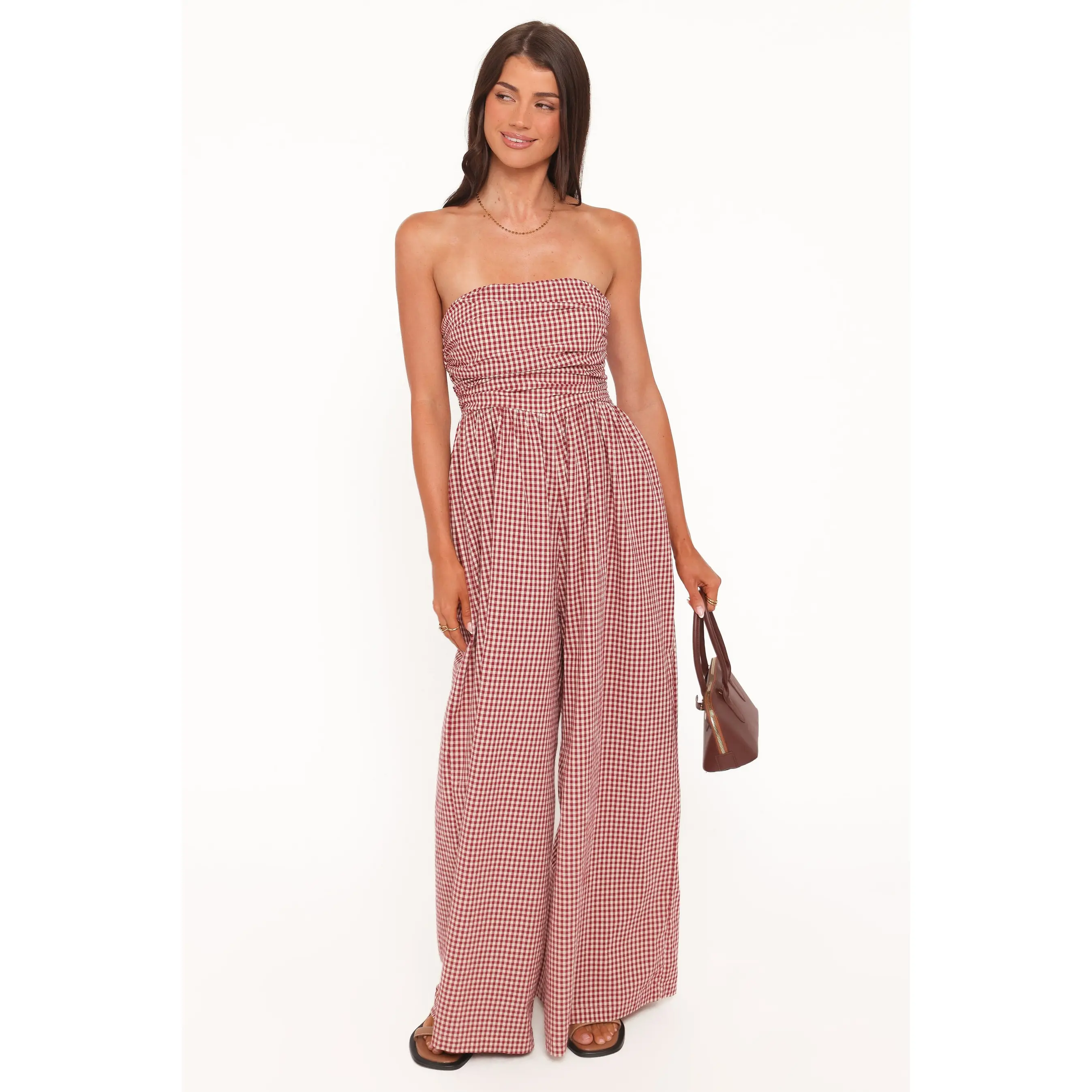 Paige Strapless Jumpsuit - Red Gingham