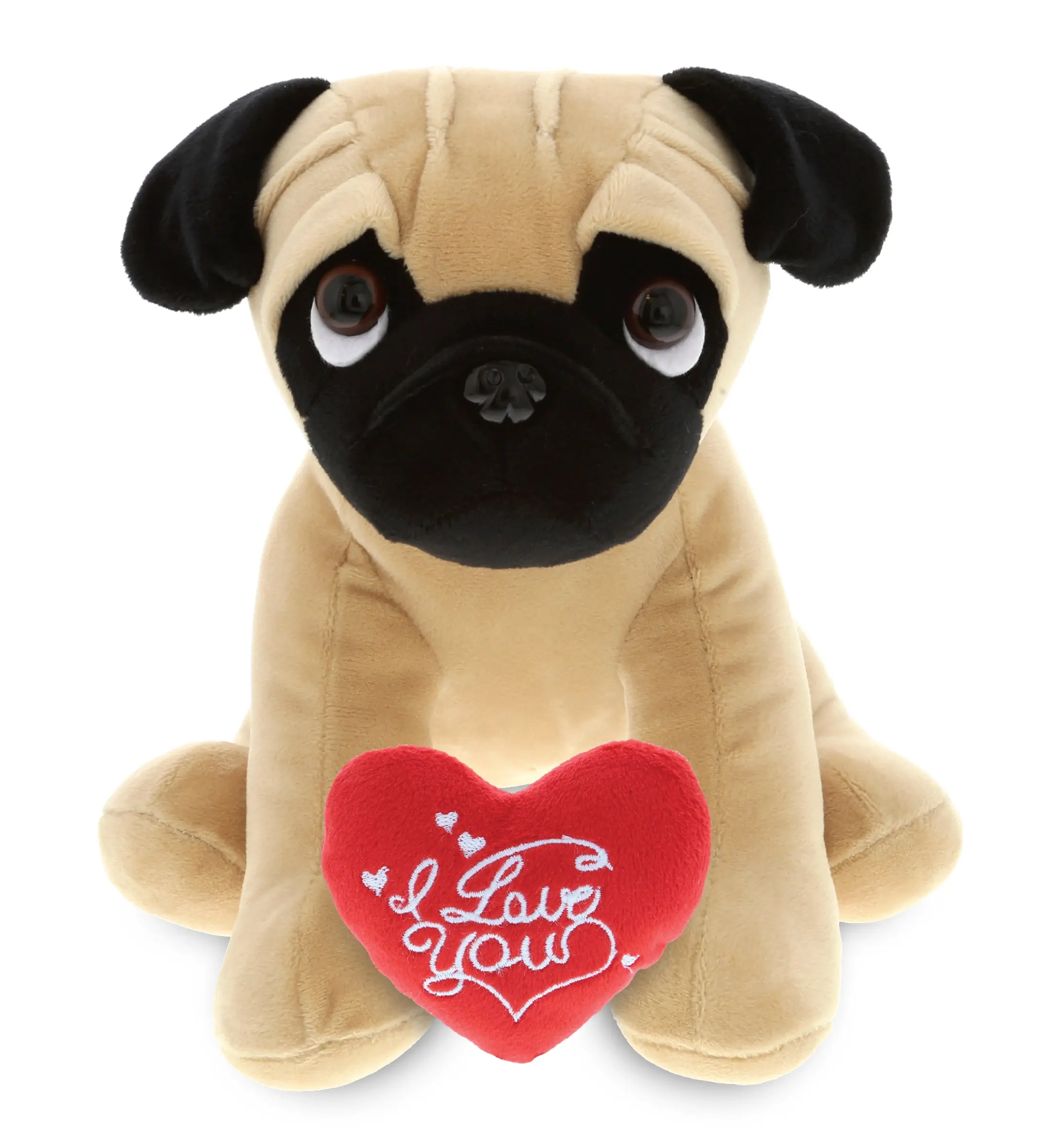 DOLLIBU 8" Super Soft Fluffy Red Heart "I Love You" Embroidered Pug Polyester Soft Stuffed Figure, Ideal for Stuffed Animal Collectors, Stuffed Animals
