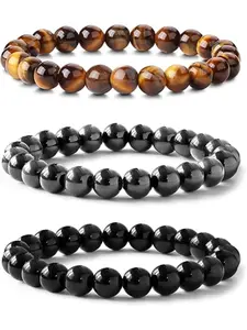 3Pcs 8mm Crystal Bead Bracelets for Women Girls Natural Gemstone Amethyst Rose Quartz Tiger Eye Chakra Crystal Bracelet Black Tourmaline Obsidian Bracelet Set for Women Men Beaded Bracelet