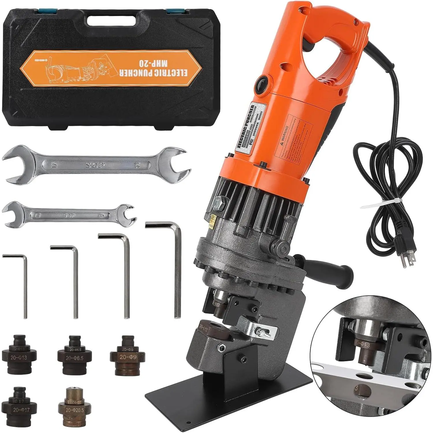 Electric Hydraulic Hole Punch for Metal Φ1/4"-4/5", 1200W 110V Hole Puncher Machine Constuction Tools, Hole Punching with Carbon Brush 5 Dies for Steel Iron Aluminum Plate, Copper