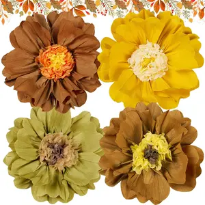 4 PCS Large 20" Tissue Paper Flowers – Brown & Yellow Boho Party Decor