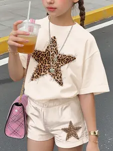 Teen Girls' Casual Simple Pattern Short Sleeve Tee & Shorts Set, Summer Wear, Loose Fit, Street Style, Youth Fashion, Leopard Print Set