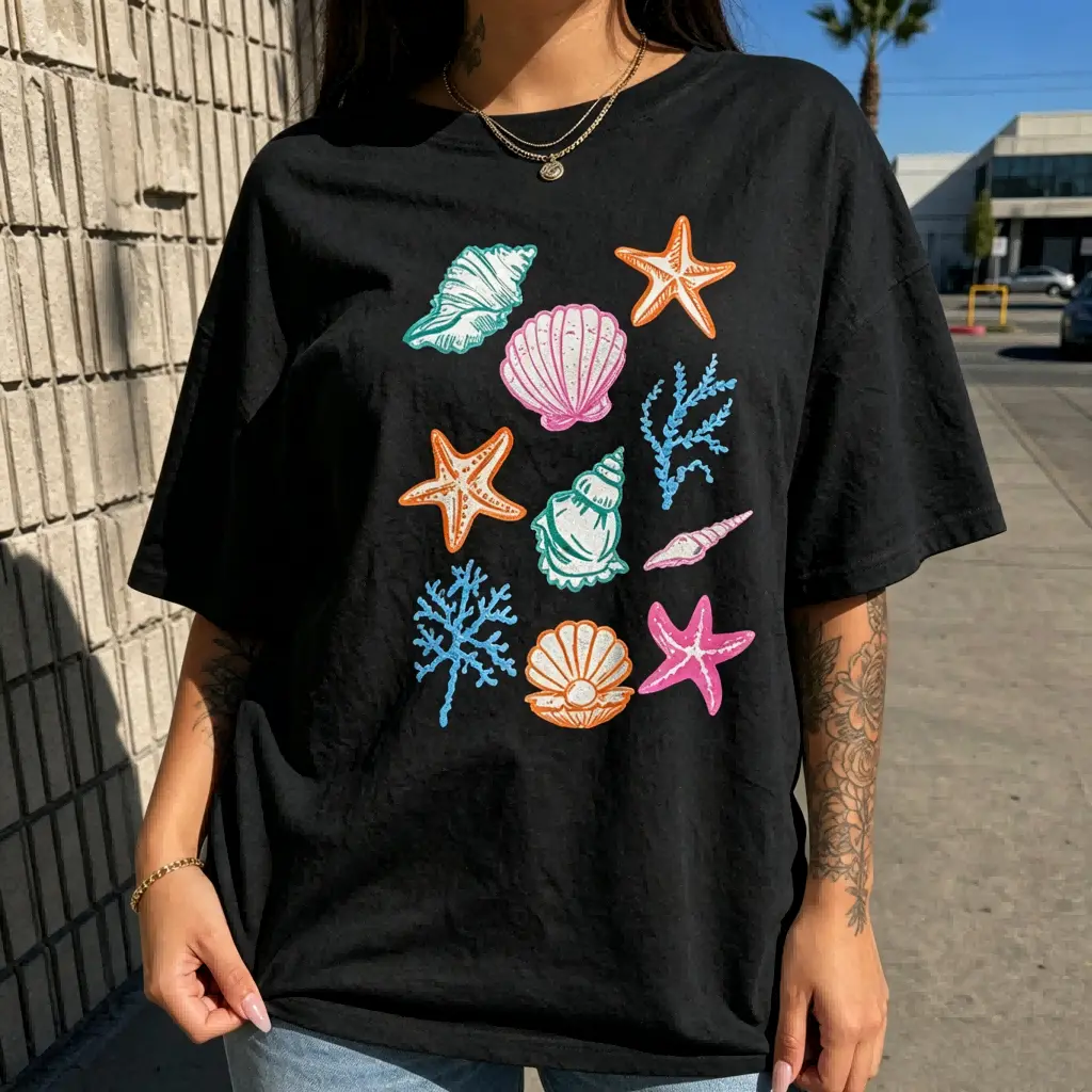 Womens Oversized Graphic Tee Colorful Seashell Starfish Coral Print Short Sleeve Shirt Beach Ocean Coastal Aesthetic Casual Summer Vacation Wear Novelty Top For Women