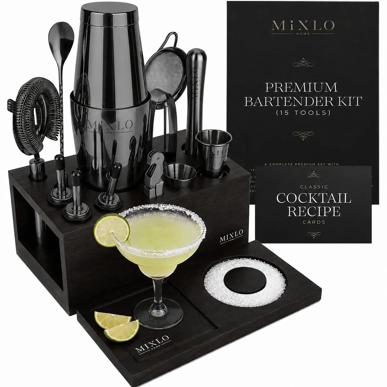 MIXLO HOME Mixology Bartender Kit -15Pcs Bar Set Cocktail Shaker Set w Black Bar Cart Accessories Stand - Shakers Bartending Silver Tools, 24oz Shaker