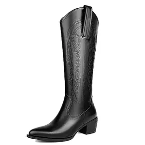 Pull-On Women's Knee-High Cowboy Boots in a Western Embroidered Pattern with Wide Calf Fit and a Chunky Heel, Perfect for Country Concert Attire.