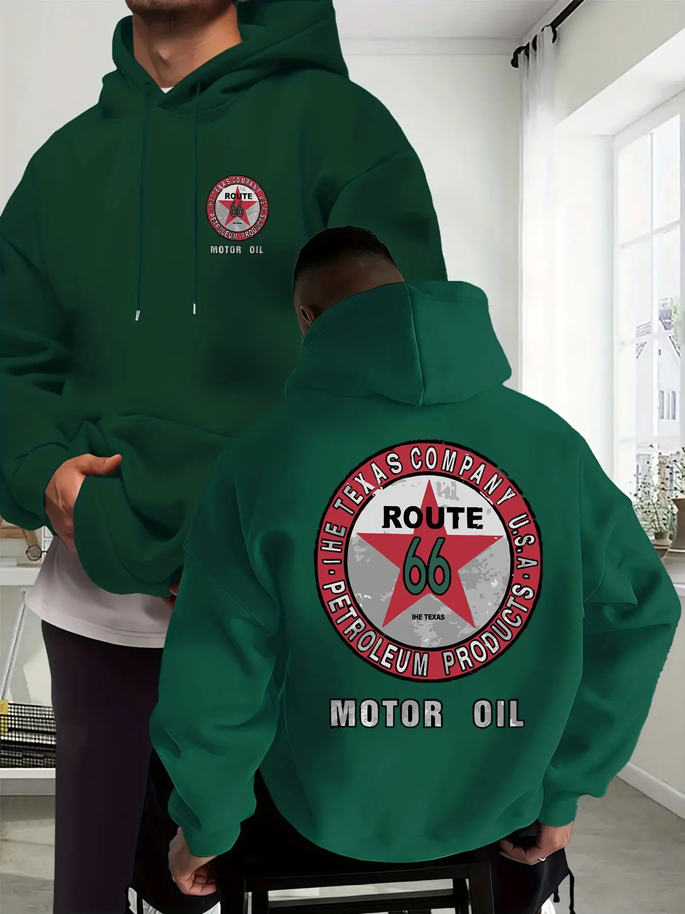 Men's Loose Fit Hoodie, Graphic Print Hoodie, Vintage Texas Oil Logo Design, Geometric Pattern H-Type Casual Wear, All Season Comfortable Pullover, Casual Fashion Sweatshirt