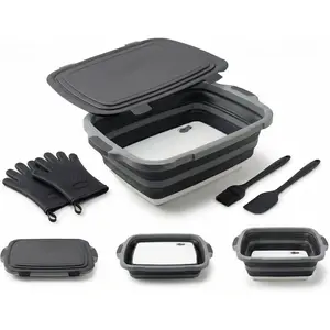 Collapsible BBQ Prep Tub with Lid &  Board 16L - XL Meat Marinating Basin & Grill Carry System - 5 count Set with Heat Resistant Gloves, Basting Brush & Spatula (Black, Large, 16L)