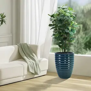 Handmade Deep Green Ceramic Planter, 17 Inch Diameter, 1 Piece, Horizontal Ripples Pattern, for Monstera and Fiddle Leaf Fig, Indoor & Outdoor Doorway Use, Breathable Clay