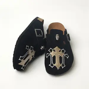 Men's Gothic Cross Embroidered Clogs, Skull Buckle Suede Mules, Adjustable Cork Footbed Slides, Streetwear Style
