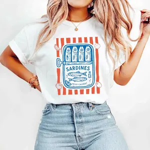 Sardines Wild Caught Tee | Retro Hand-Drawn Sardine Can Graphic Tee,Coastal European Vacation Oversized Tee,Vintage Portuguese Seafood Graphic Tee
