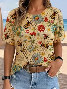 Women's Vintage Garden Bee Animal Floral Print Round Neck Short Sleeve Knit Sweater, Casual Breathable Top for Spring Summer Fall Winter