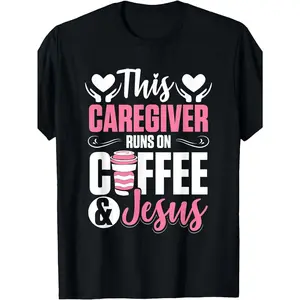 Plus-size Women's T-shirt, Printed with the Words "This Nurse Lives on Coffee."| Nurse and Staff Uniforms, Short-sleeved, Round-neck, Black, Slightly Elastic Fabric, Geometric Pattern