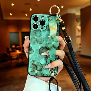 Chinese Ink Style Camellia Floral Smartphone Phone Case, Stand + Wrist Strap + Crossbody Rope, Multi-Function Durable Protective Cover for iPhone 17 16 15 14 13 Pro Max