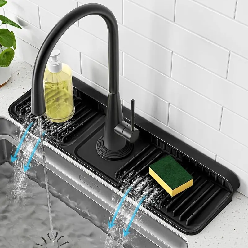24 lnch Faucet Mat for Kitchen Sink Splash Guard, 7° Slope Silicone Sink Water Splash Guard for Kitchen Sink Area with Snap Button, Long Sink Protectors for kitchen Sink Sponge Holder, Black lock