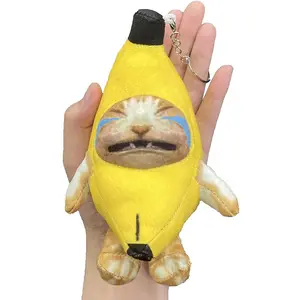 Cute Crying Banana Cat Plush Keychain, Happy Funny Baby Sound Cat Stuffed Animal Ornaments for Backpack Shoulder Bag