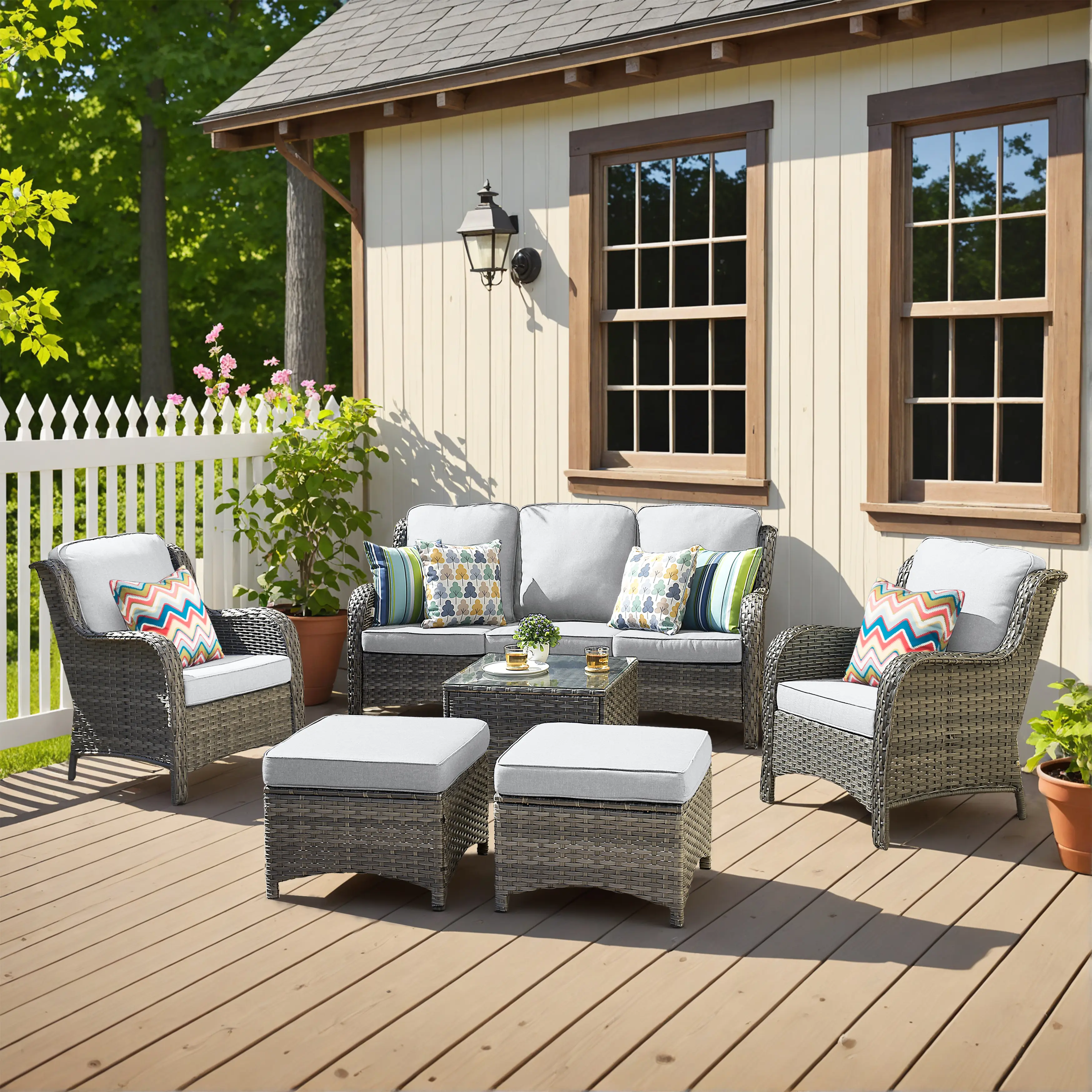 【Summerfinds】OVIOS Kenard 6-Piece Outdoor Patio Furniture Set with Table & Curved Handrests, Wicker Sofa Set with Cushions for Backyard Patio Porch Deck Garden Balcony Outdoor Seating Furniture Set Lounge