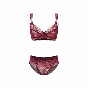Cider Burgundy Lace Back Closure Underwire & Mid Rise Lace Boyshorts Set