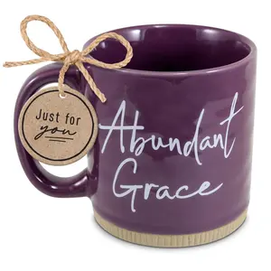 212 MAIN Reusable 16oz Ceramic Mug - Purple Kitchen Drinkware Cup, Microwave Safe, Everyday Drinking Use, Rippled Texture, "Powerful Words Grace" Text & Hebrew Verse