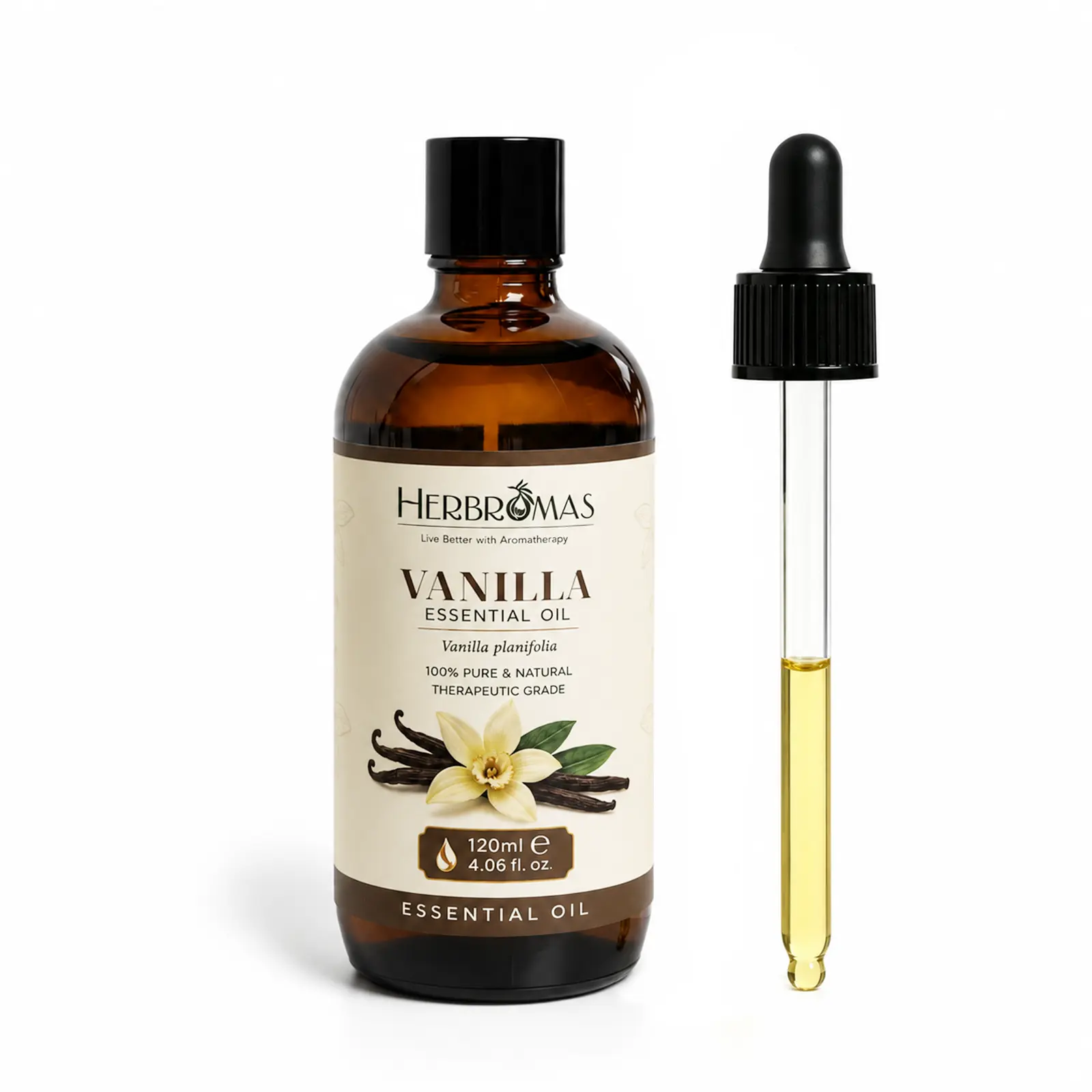 HERBROMAS Vanilla Essential Oil 120ml (4.06 fl oz), Pure Vanilla Essential Oil for Diffuser, Aromatherapy, Skin, Hair, Massage & DIY Candle Soap Making