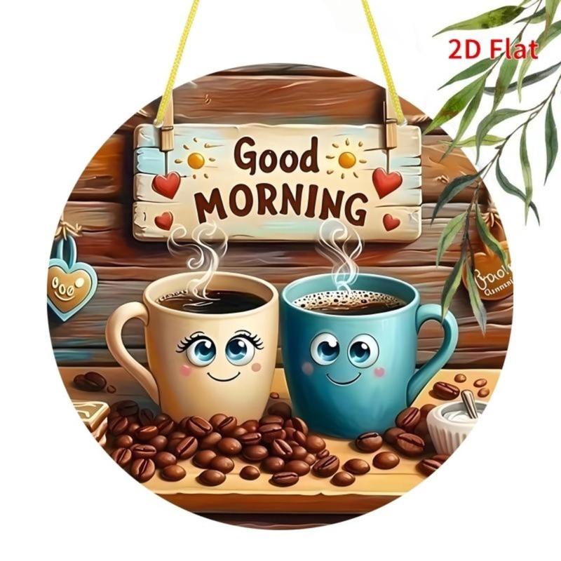 Coffee Cup Pattern Round Aluminum Hanging Plaque Wall Mount Design Cute Theme Wall Decor for Home Coffee Shop