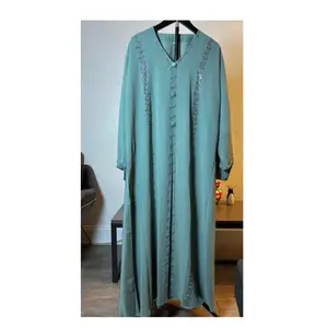 Luxury Dubai Abaya with Crystal Leaf Design in Teal and White for Elegant Occasions