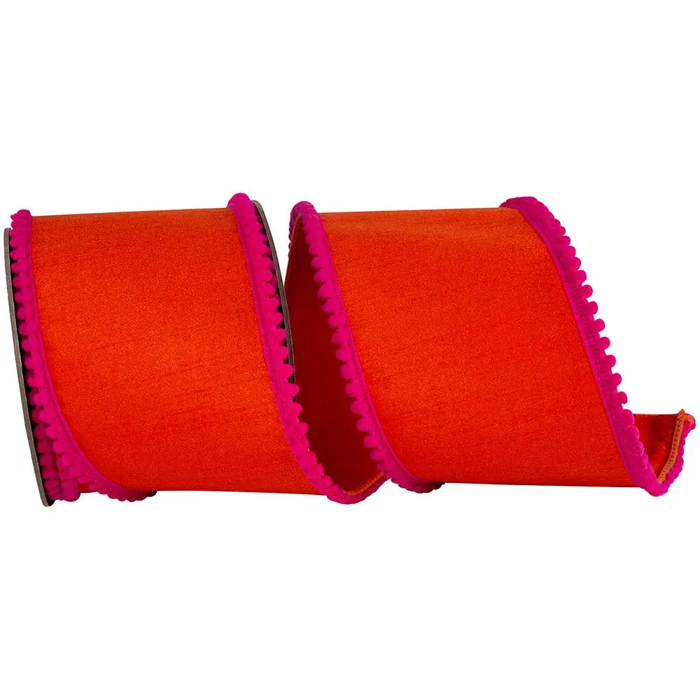 Fuchsia and Orange Pom Pom Dupioni Ribbon, 4" X 5YD
