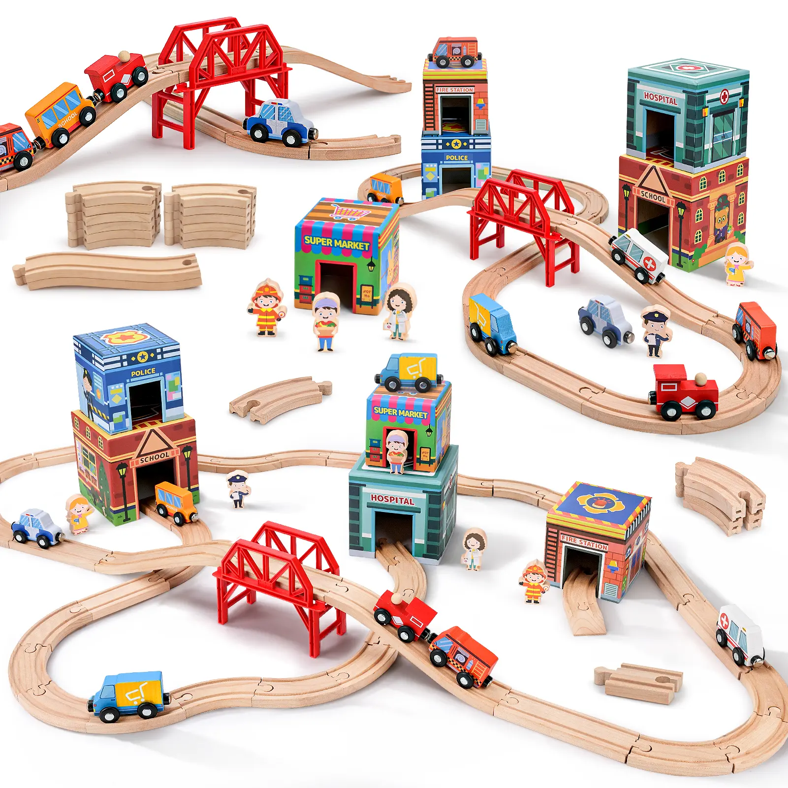 Joyreal Wooden Train Set for Kids-Wood Train Tracks Complete Town Railway Playset with Matching Figures, Vehicles, Stacking and Nesting Blocks, Sorting & Stacking Toys Gifts for Boys Girls,Summerwins