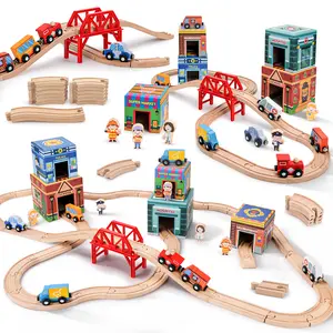 Joyreal Wooden Train Set for Kids-Wood Train Tracks Complete Town Railway Playset with Matching Figures, Vehicles, Stacking and Nesting Blocks, Sorting & Stacking Toys Gifts for Boys Girls,Summerwins