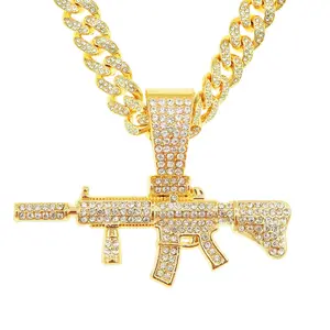 Euro-American Men’s Cool Bold 3D Diamond-Inlaid Gun Pendant Cuban Link Necklace Fashion Statement Choker