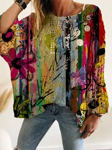 Women's Floral Knit Top, Knitted Casual Loose-Fitting Batwing Long Sleeve Shirt, Spring Summer Fashion, Elegant Vacation Wear, Ladies' Blouse, Beach