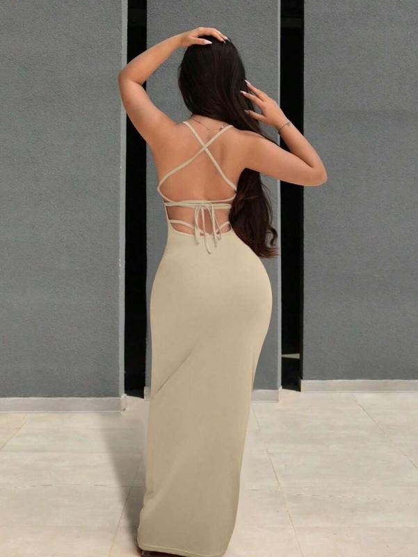 Women's Black Spaghetti Strap Backless Sleeveless Dress for Formal & Evening Occasions Pencil Hem Natural Waist Regular Fit Long Knitted Fabric