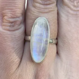 Sterling Silver Large Elongated Oval Rainbow Moonstone Cabochon Ring