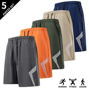 Pack of 5 men’s solid-color casual shorts — new summer ice silk quick-dry loose mid-thigh athletic shorts; fashionable plus-size lightweight comfortable running shorts