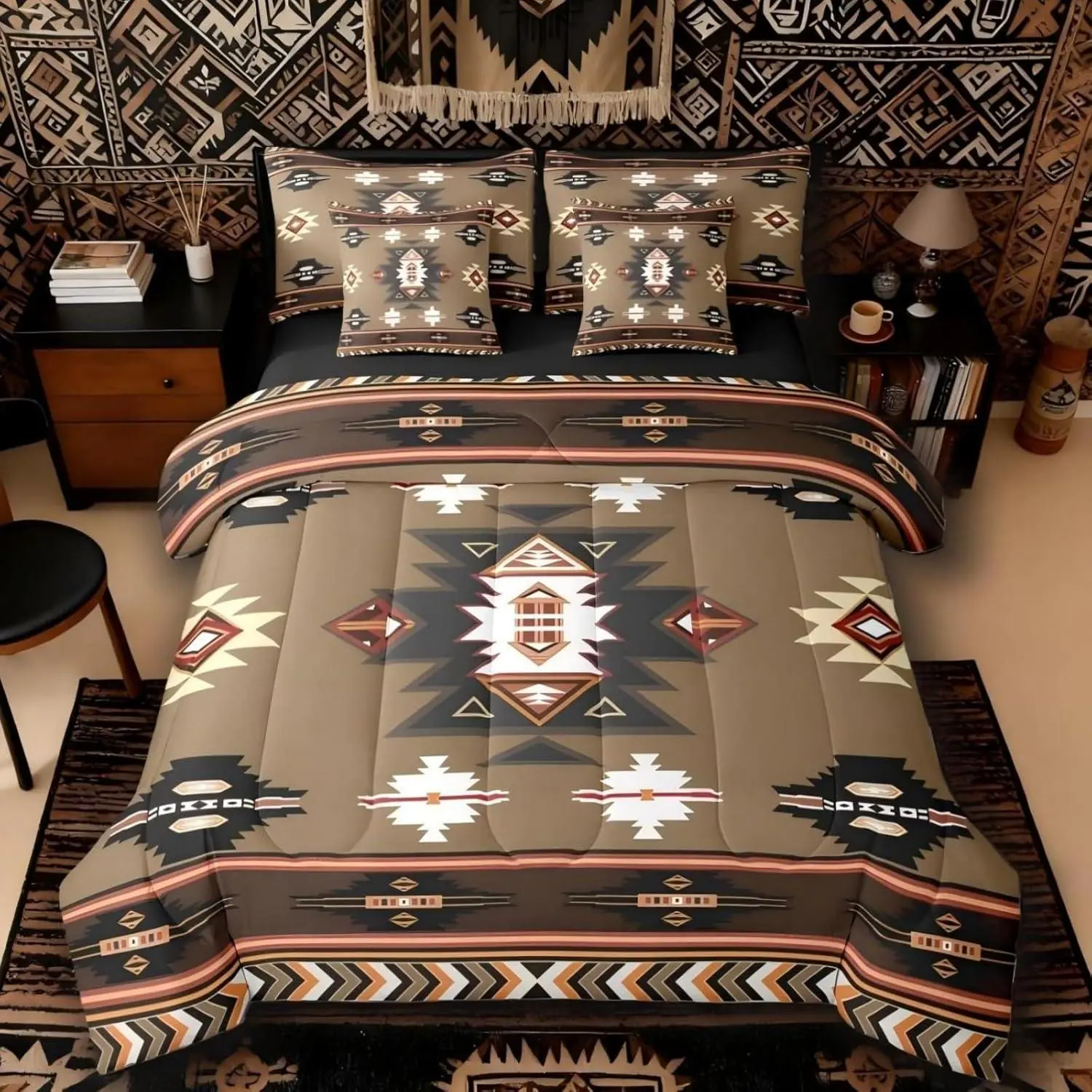 Feelyou 7-Piece Western Comforter Set - Multi-Size Bed in a Bag with Aztec Motif, Geometric Print, Southwest Native Bedding, Machine Washable Brown Striped Diamond Triangle Room Decor, Seven Pieces