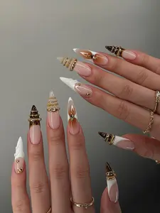 Grunge Leopard Chrome Press On Nails – Long Stiletto Design with 3D Charms, Edgy Metallic Y2K Nail Art Set