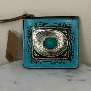Concho Card Holder Tooled and Distressed Leather with Turquoise Stone and Silver Concho Design