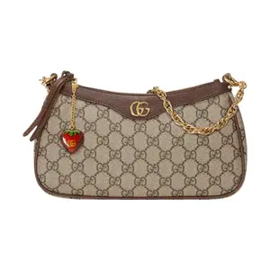 Gucci Ophidia Strawberry Logo Charm Chain with Canvas and Leather Trim Shoulder Bag for Women