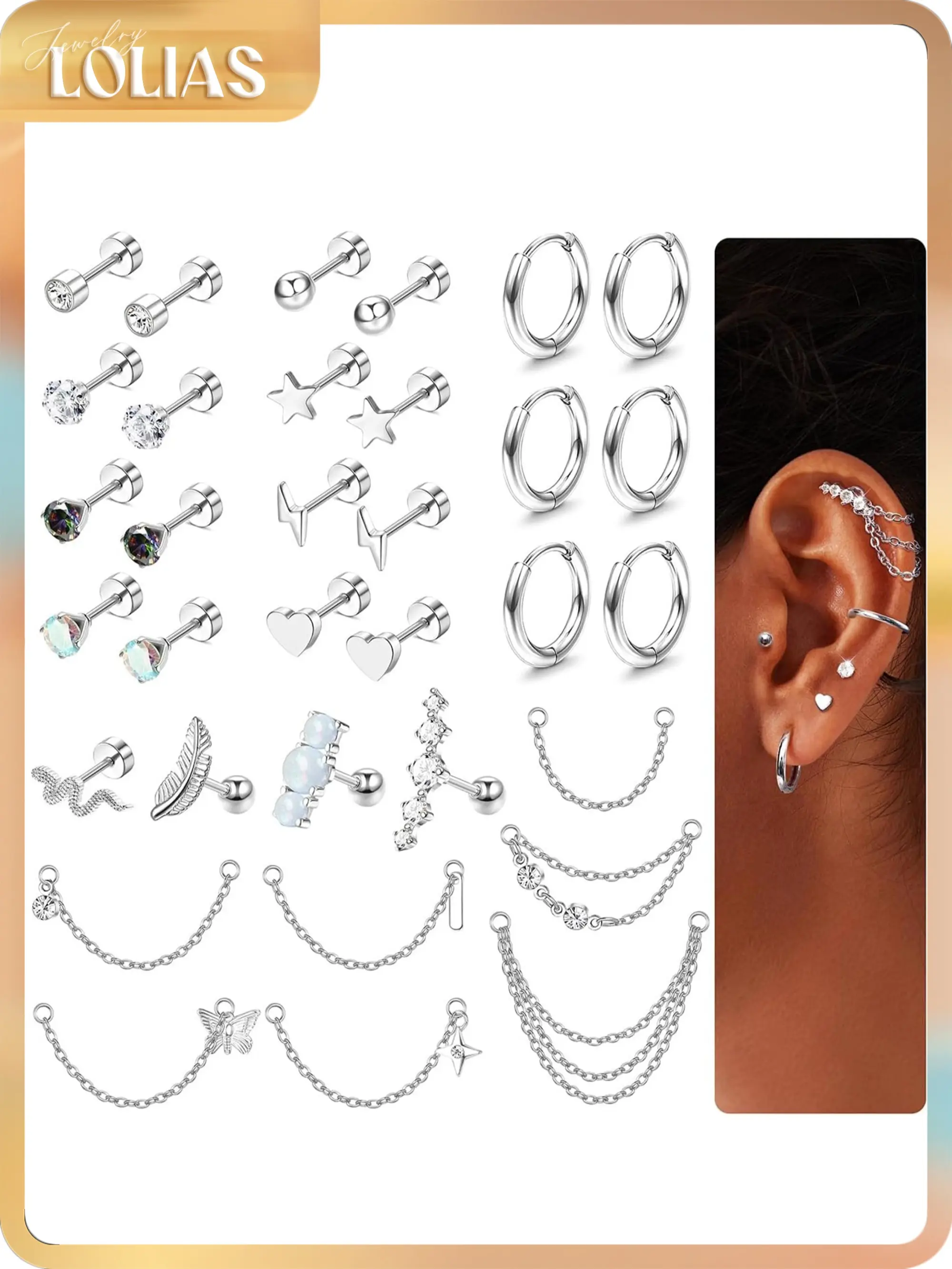 LOLIAS 33Pcs 20G Surgical Steel Body Piercing Kit, Hypoallergenic CZ Opal Flat Back Studs, Hoops, Chains, Dangles for Women’s Conch Piercing Ear, Daith, Helix, Tragus Stylish Accessories