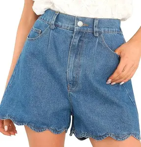 EZAPINE Women Casual High Waist Jean Shorts Wave Hem Trendy Flared Denim Short