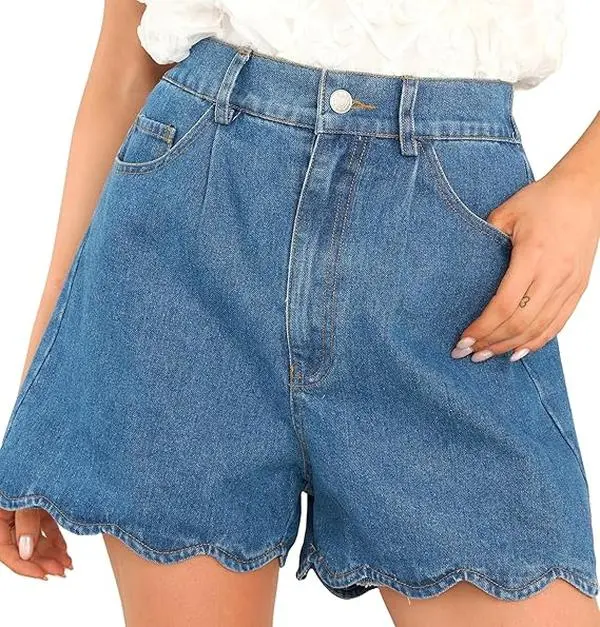 EZAPINE Women Casual High Waist Jean Shorts Wave Hem Trendy Flared Denim Short